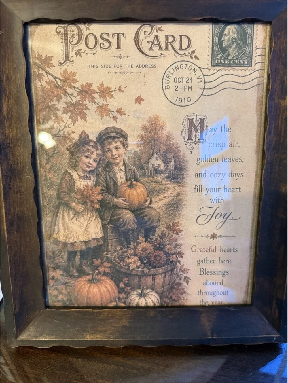 Vintage scalloped wooden framed fall print, country, cottagecore decor